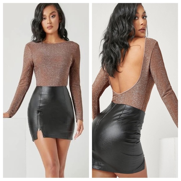 Shein METALLIC bronze STRETCH BODYSUIT open back BLOUSE SHIRT - Picture 11 of 15